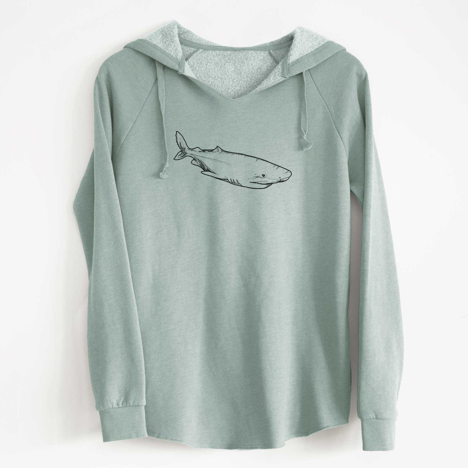 Sage green women's Cali Wave hooded sweatshirt laid flat, printed with a black ink illustration of a Greenland shark swimming.
