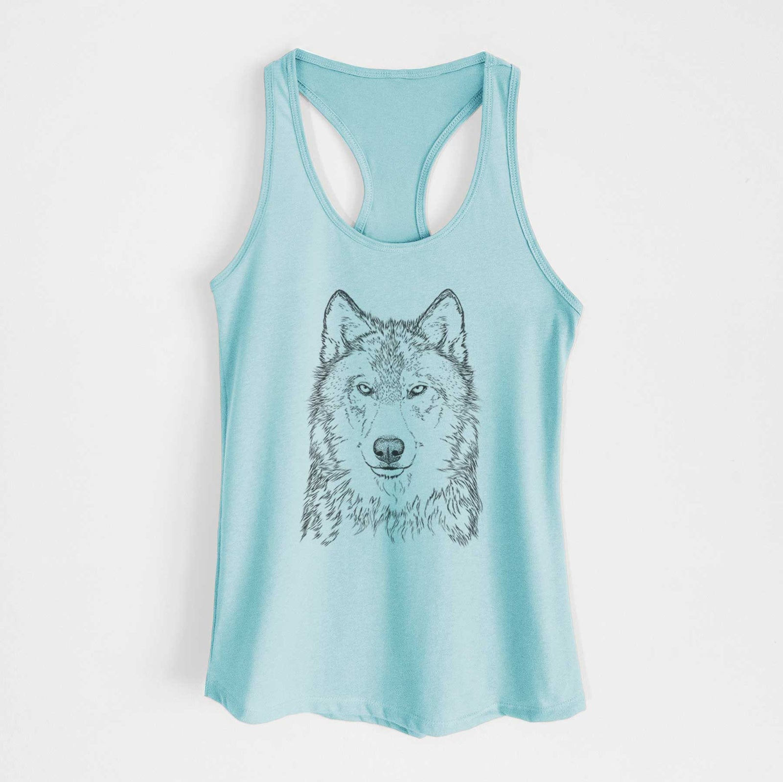 Banana cream women's racerback tank top laid flat, printed with a detailed black ink portrait of a grey wolf facing forward.