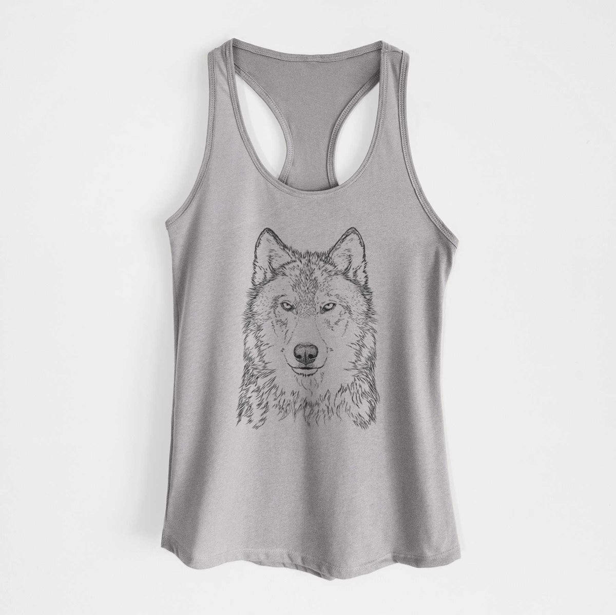 Heather grey women's racerback tank top laid flat, printed with a detailed black ink portrait of a grey wolf facing forward.