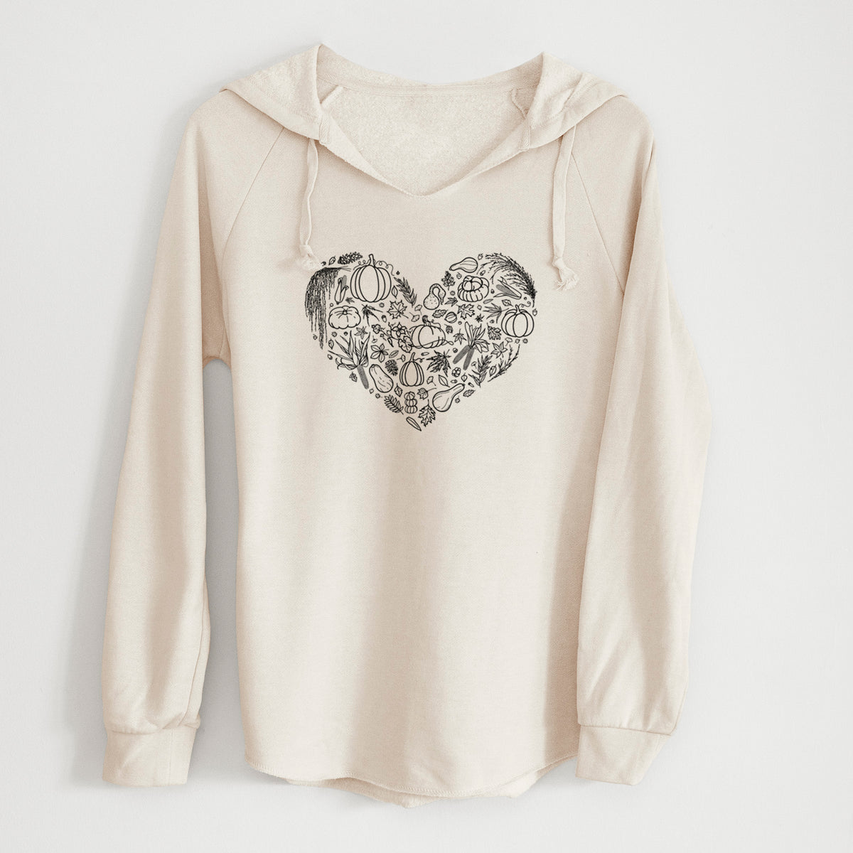 Bone cream women's Cali Wave hooded sweatshirt laid flat, printed with a heart shape filled with black ink autumn leaves, acorns, pumpkins and mushrooms.