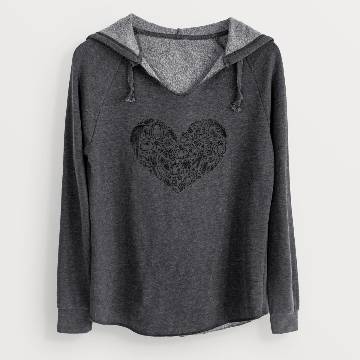 Charcoal grey women's Cali Wave hooded sweatshirt laid flat, printed with a heart shape filled with black ink autumn leaves, acorns, pumpkins and mushrooms.