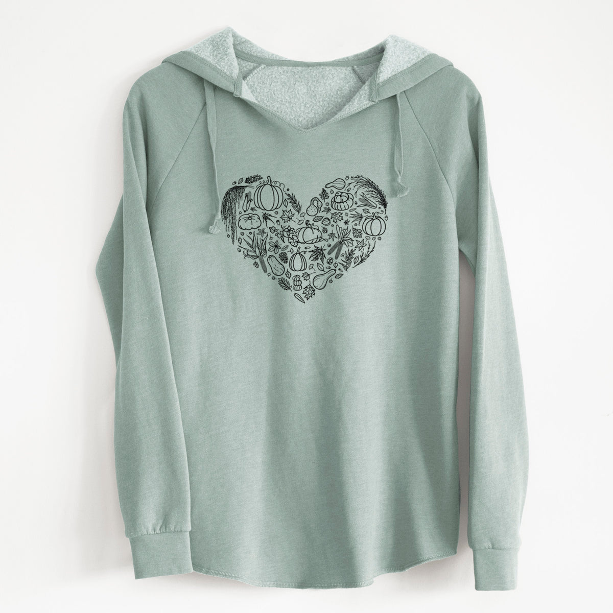 Sage green women's Cali Wave hooded sweatshirt laid flat, printed with a heart shape filled with black ink autumn leaves, acorns, pumpkins and mushrooms.