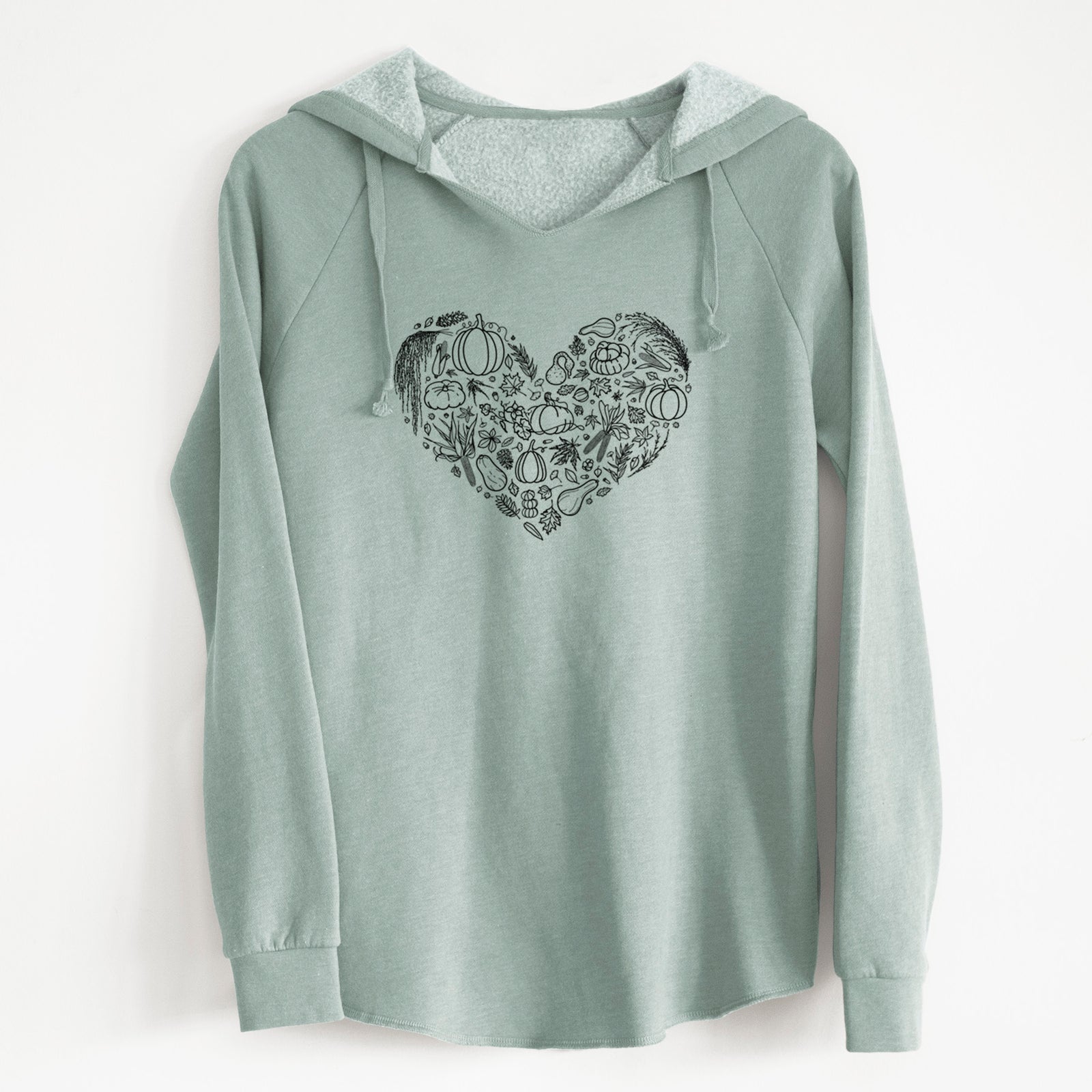 Sage green women's Cali Wave hooded sweatshirt laid flat, printed with a heart shape filled with black ink autumn leaves, acorns, pumpkins and mushrooms.