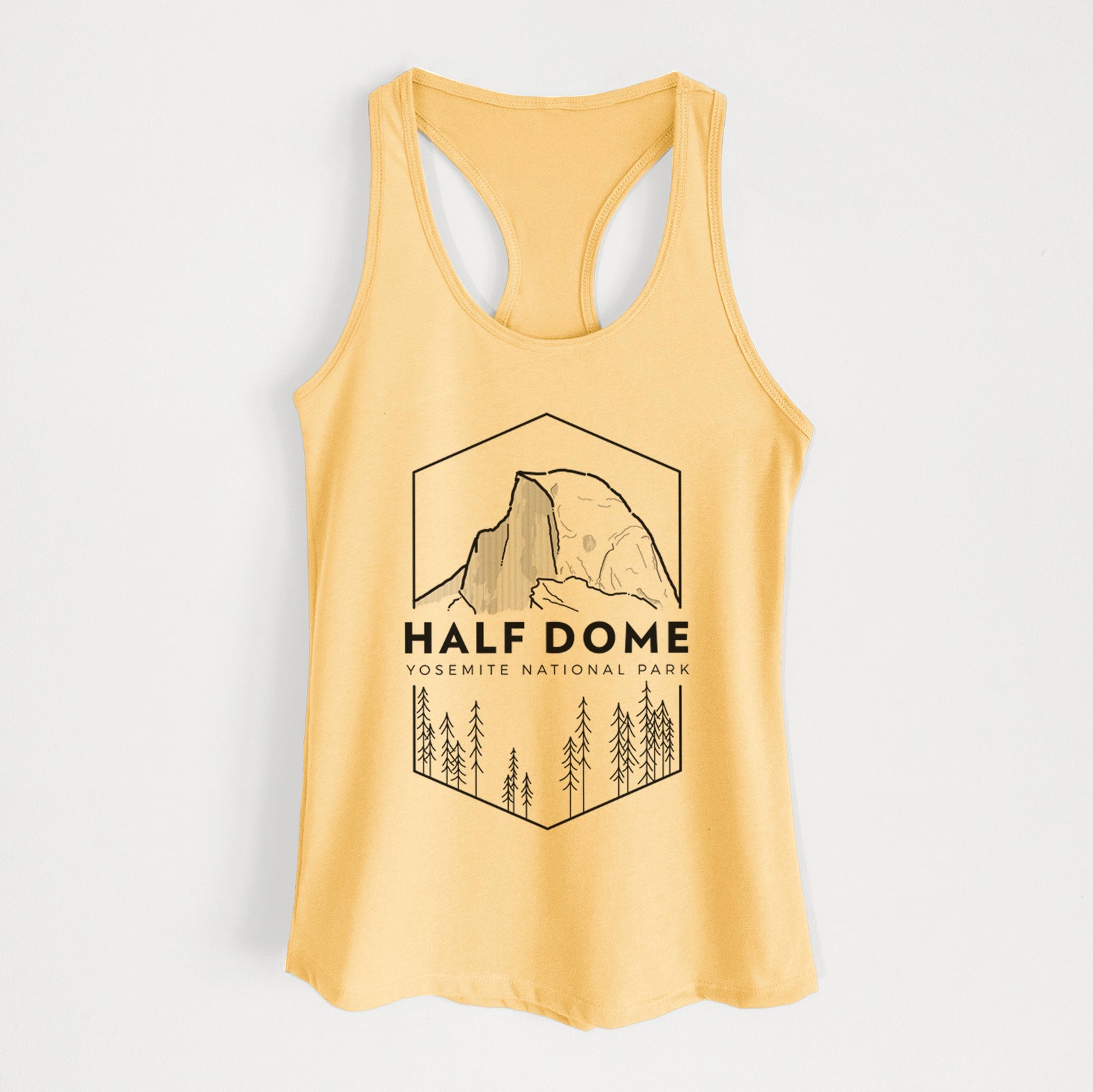 Banana cream women's racerback tank top laid flat, printed with a black line art badge of Half Dome above a pine forest, with the words Half Dome, Yosemite National Park.