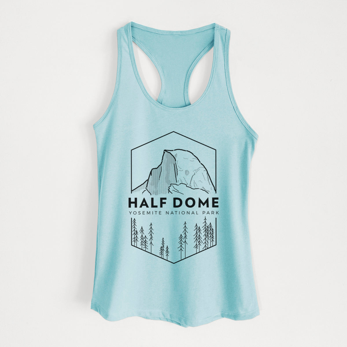 Cancun blue women's racerback tank top laid flat, printed with a black line art badge of Half Dome above a pine forest, with the words Half Dome, Yosemite National Park.