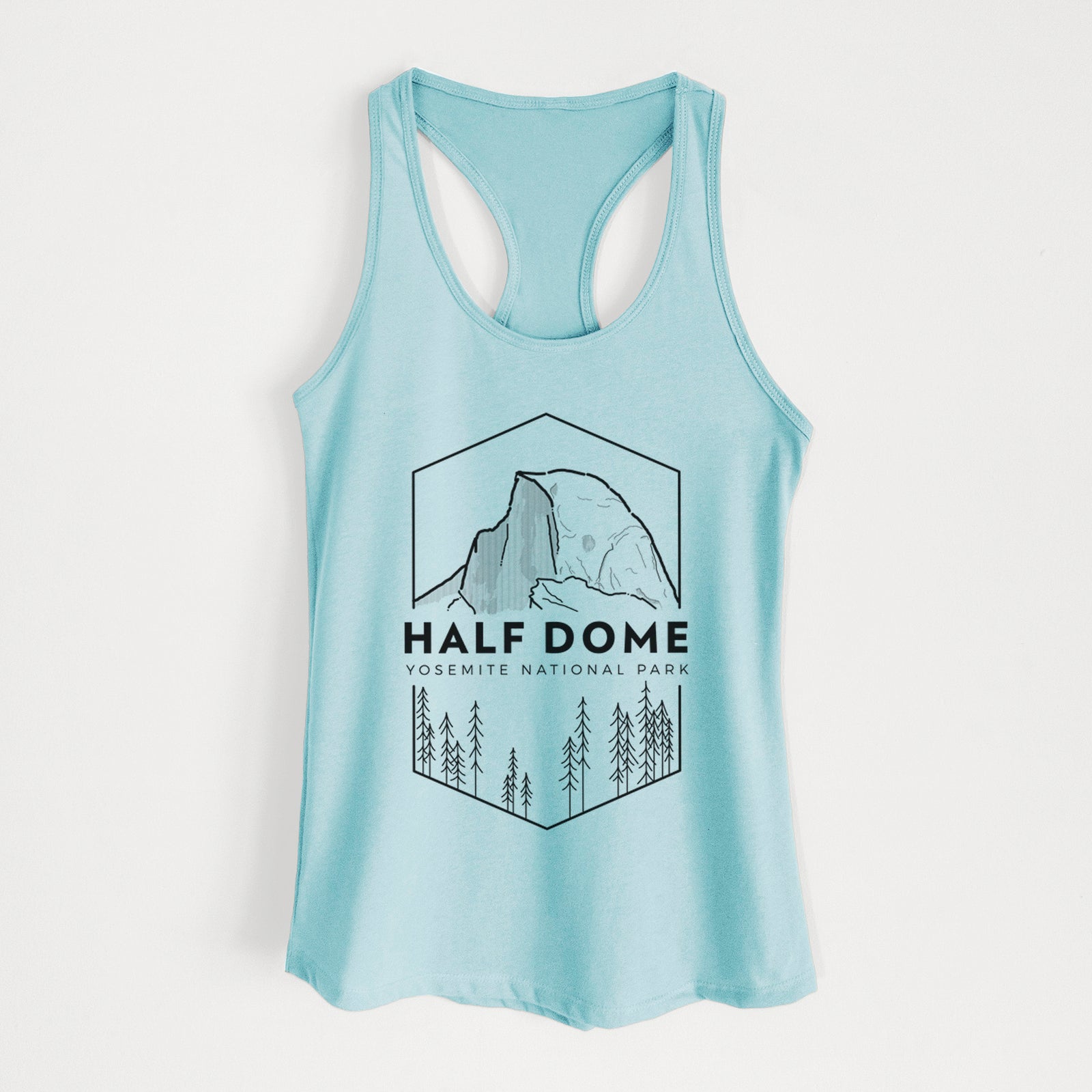 Banana cream women's racerback tank top laid flat, printed with a black line art badge of Half Dome above a pine forest, with the words Half Dome, Yosemite National Park.