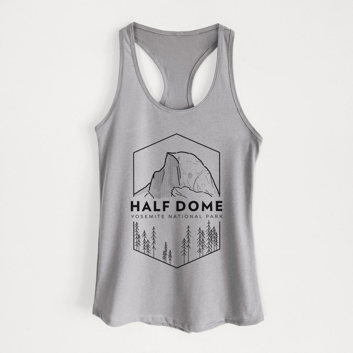 Heather grey women's racerback tank top laid flat, printed with a black line art badge of Half Dome above a pine forest, with the words Half Dome, Yosemite National Park.