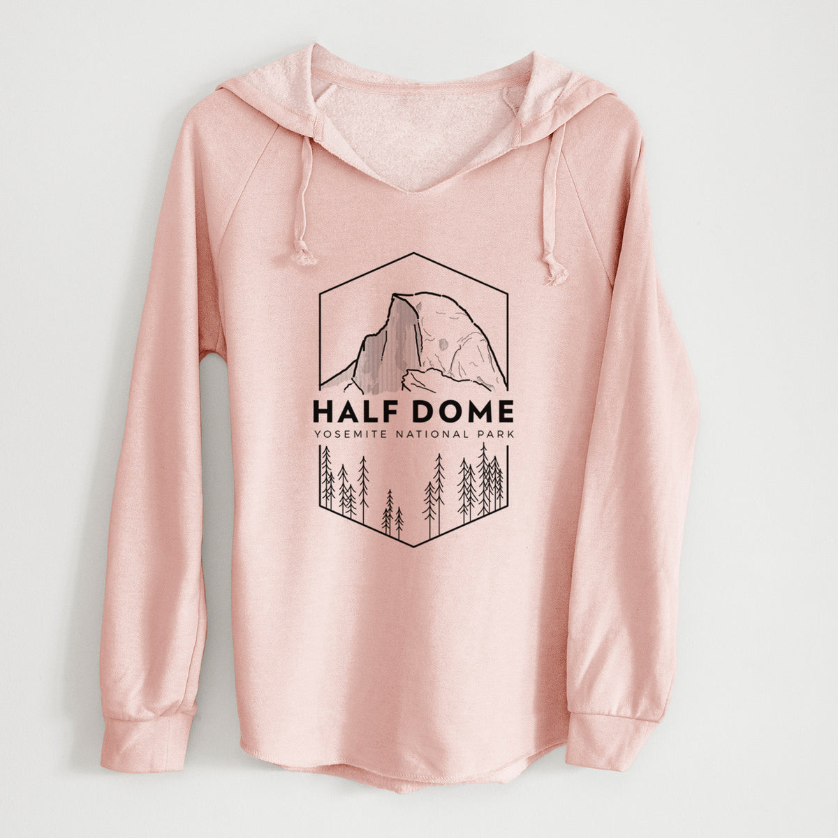 Blush pink women's Cali Wave hooded sweatshirt laid flat, printed with a black line art badge of Half Dome above a pine forest, with the words Half Dome, Yosemite National Park.