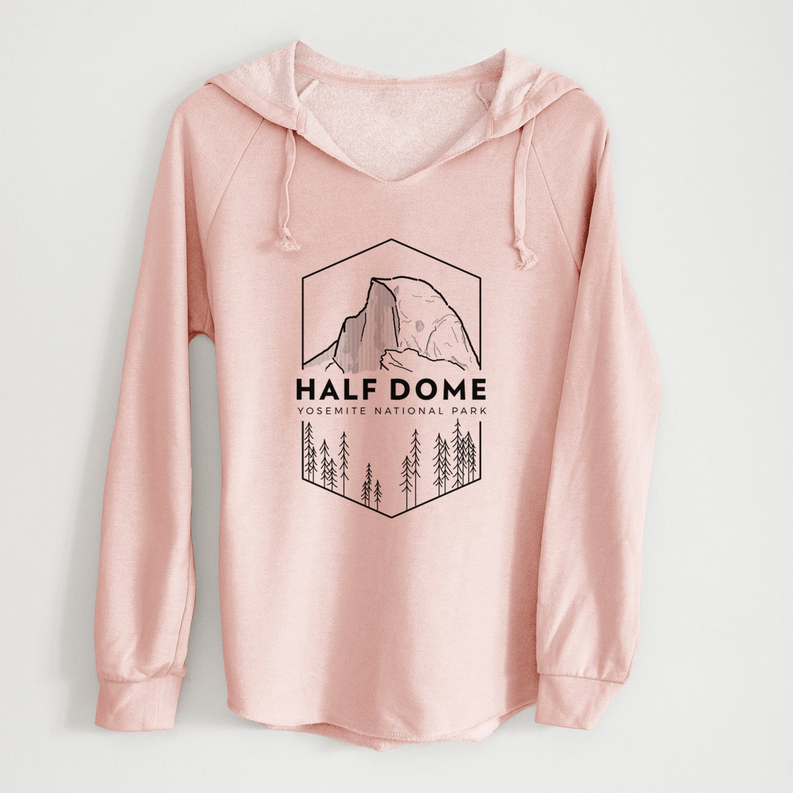 Sage green women's Cali Wave hooded sweatshirt laid flat, printed with a black line art badge of Half Dome above a pine forest, with the words Half Dome, Yosemite National Park.