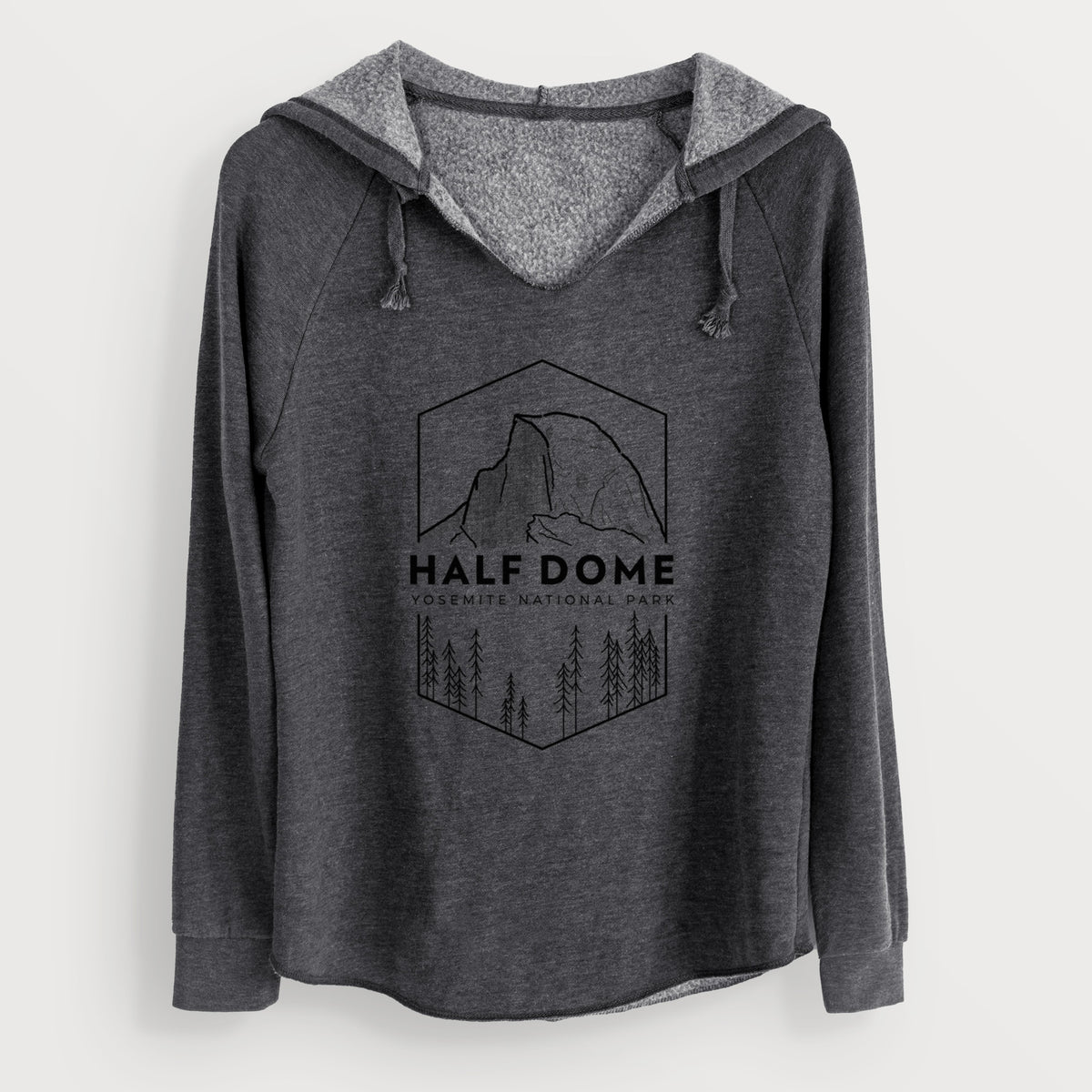 Charcoal grey women's Cali Wave hooded sweatshirt laid flat, printed with a black line art badge of Half Dome above a pine forest, with the words Half Dome, Yosemite National Park.