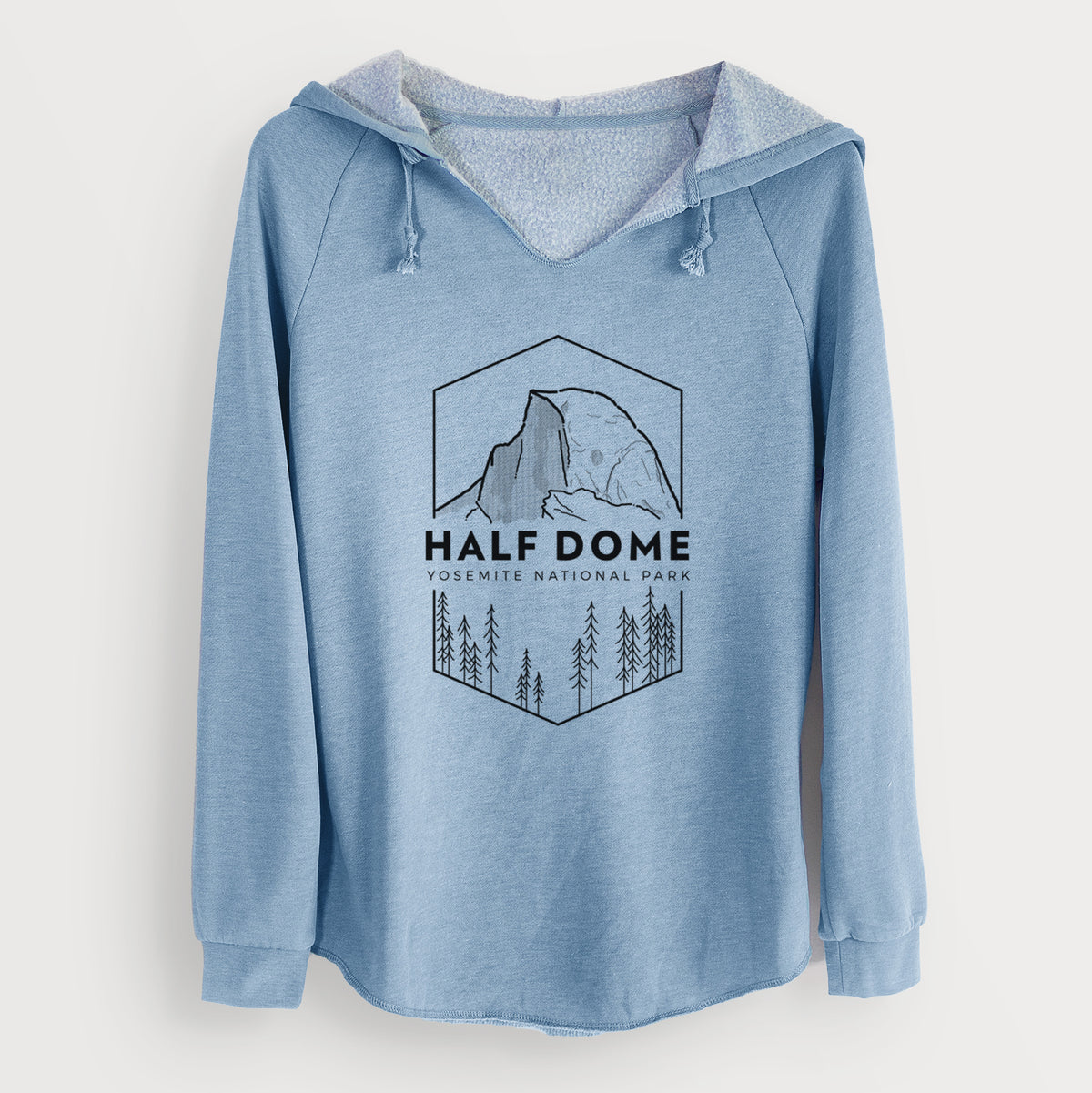 Misty blue women's Cali Wave hooded sweatshirt laid flat, printed with a black line art badge of Half Dome above a pine forest, with the words Half Dome, Yosemite National Park.