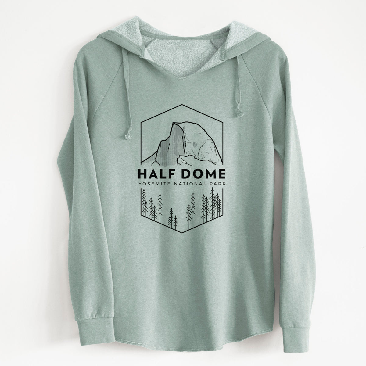 Sage green women's Cali Wave hooded sweatshirt laid flat, printed with a black line art badge of Half Dome above a pine forest, with the words Half Dome, Yosemite National Park.