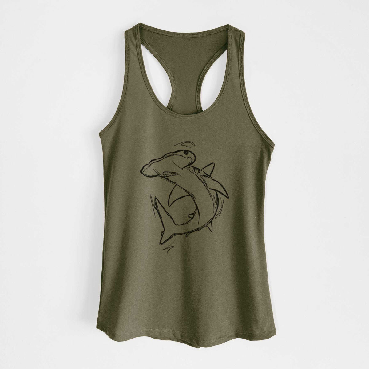 Military green women's racerback tank top laid flat, printed with a black ink illustration of a hammerhead shark swimming in a curve.