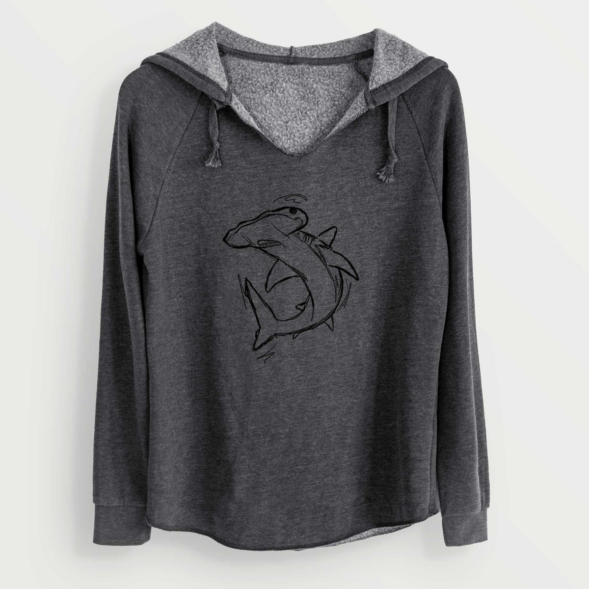 Charcoal grey women's Cali Wave hooded sweatshirt laid flat, printed with a black ink illustration of a hammerhead shark swimming in a curve.