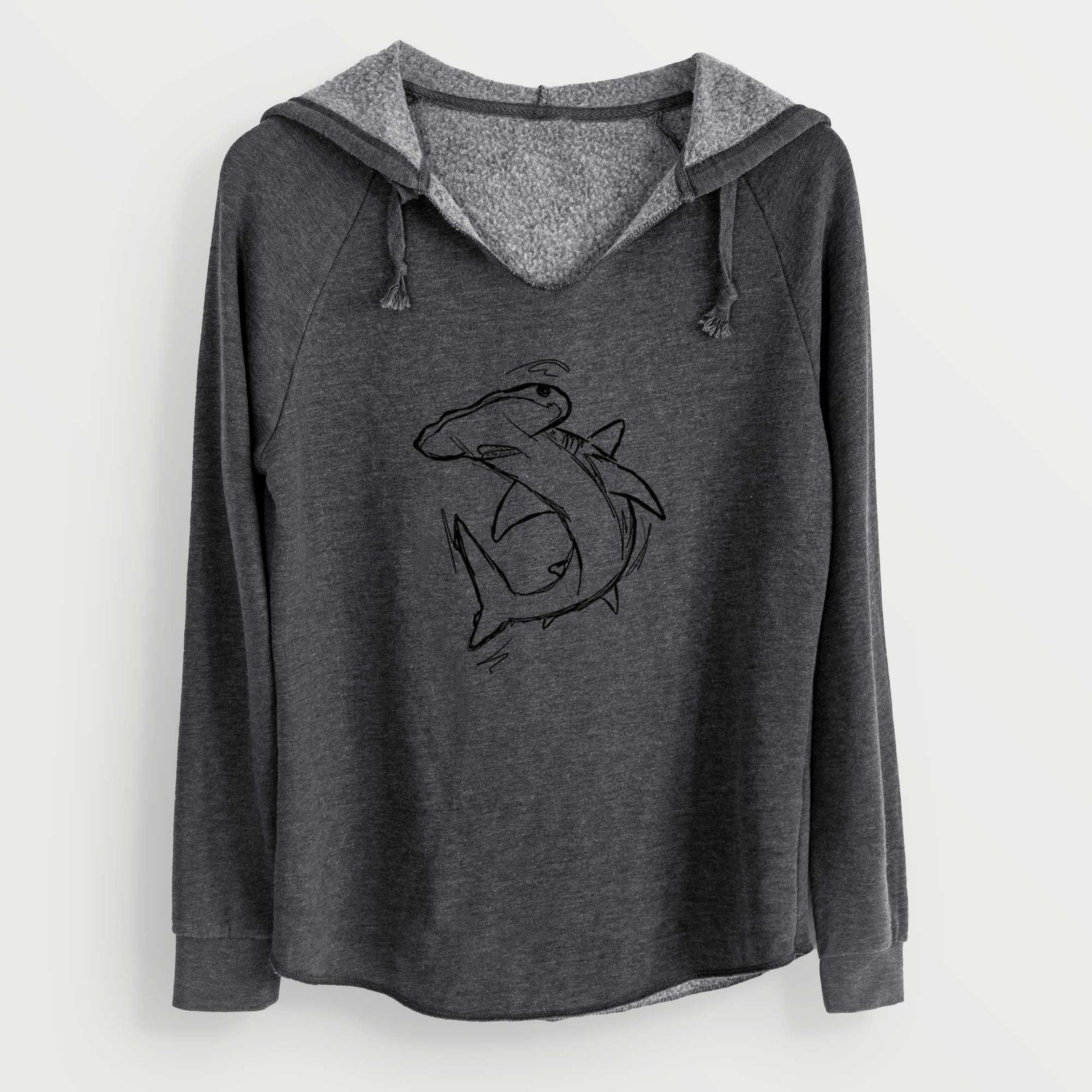Dusty rose women's Cali Wave hooded sweatshirt laid flat, printed with a black ink illustration of a hammerhead shark swimming in a curve.