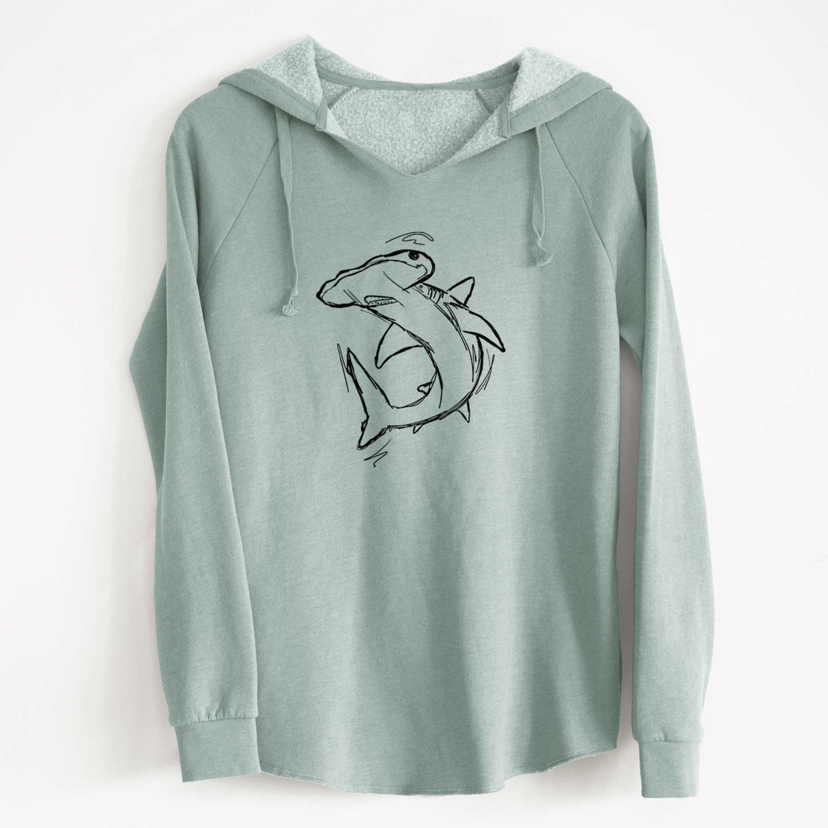 Sage green women's Cali Wave hooded sweatshirt laid flat, printed with a black ink illustration of a hammerhead shark swimming in a curve.