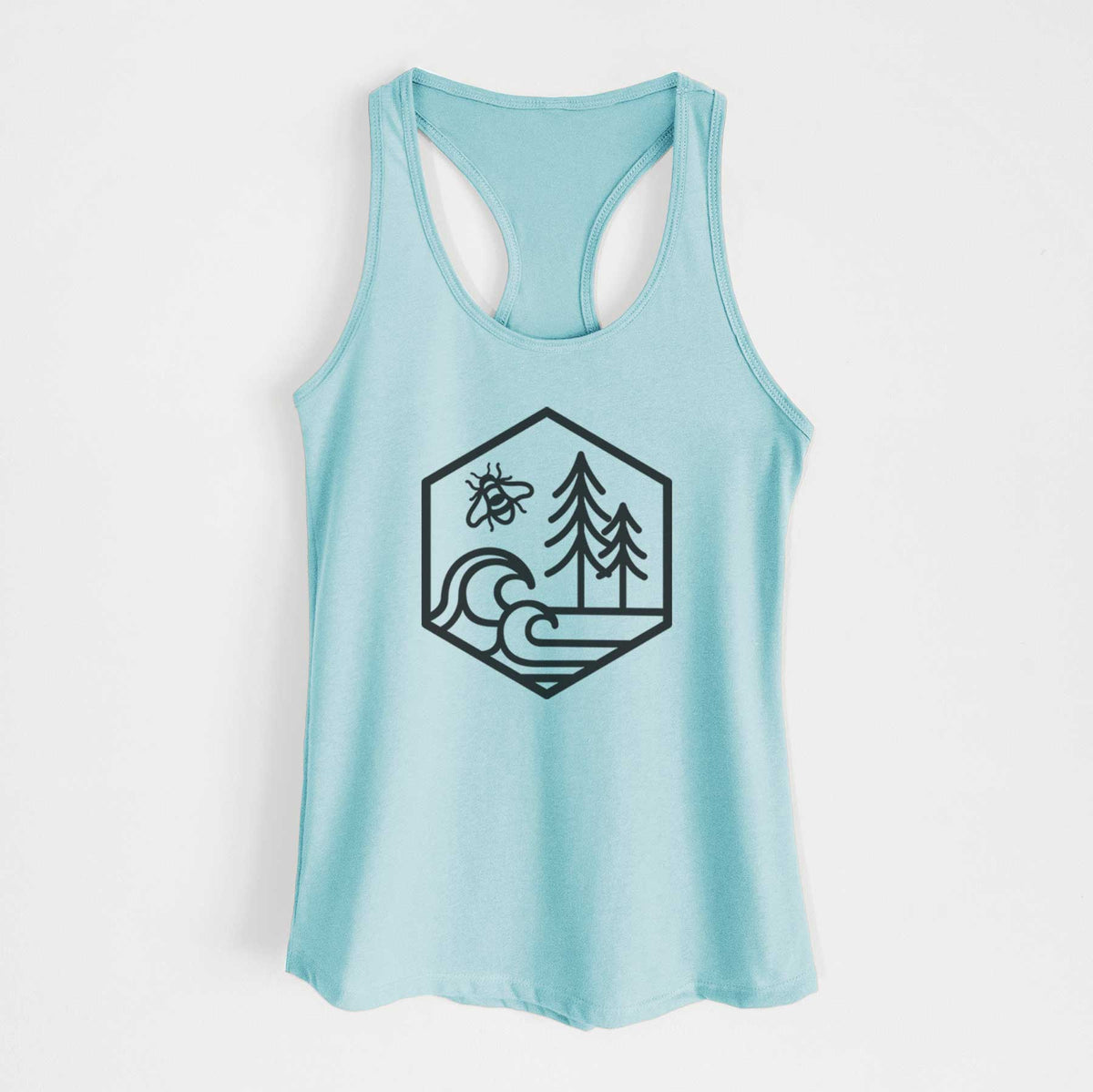 Cancun blue women's racerback tank top laid flat, printed with a black line art hexagon holding a bee, ocean waves and pine trees.