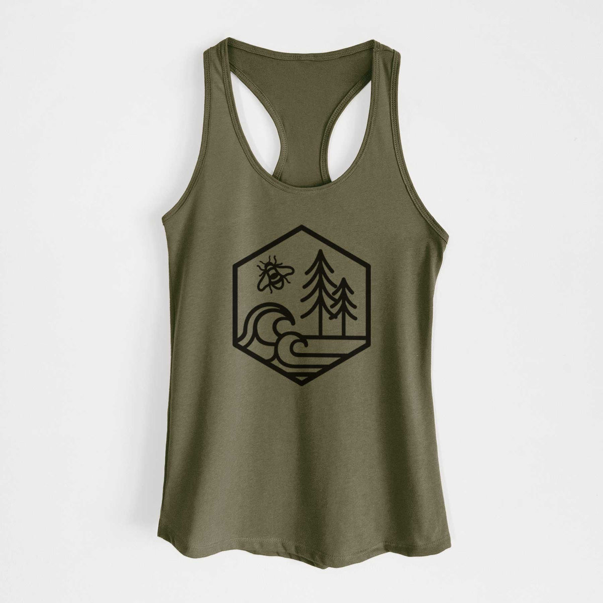 Military green women's racerback tank top laid flat, printed with a black line art hexagon holding a bee, ocean waves and pine trees.