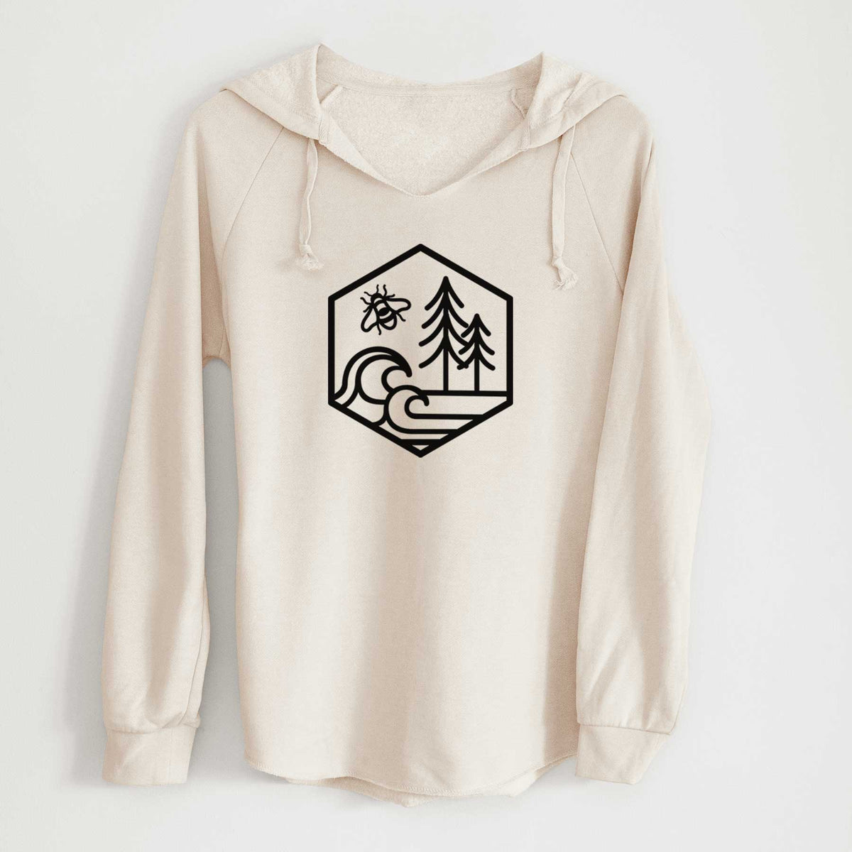 Bone cream women's Cali Wave hooded sweatshirt laid flat, printed with a black line art hexagon holding a bee, ocean waves and pine trees.