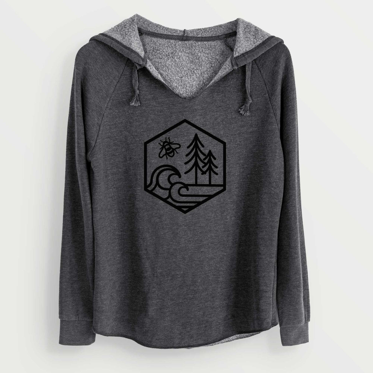 Charcoal grey women's Cali Wave hooded sweatshirt laid flat, printed with a black line art hexagon holding a bee, ocean waves and pine trees.