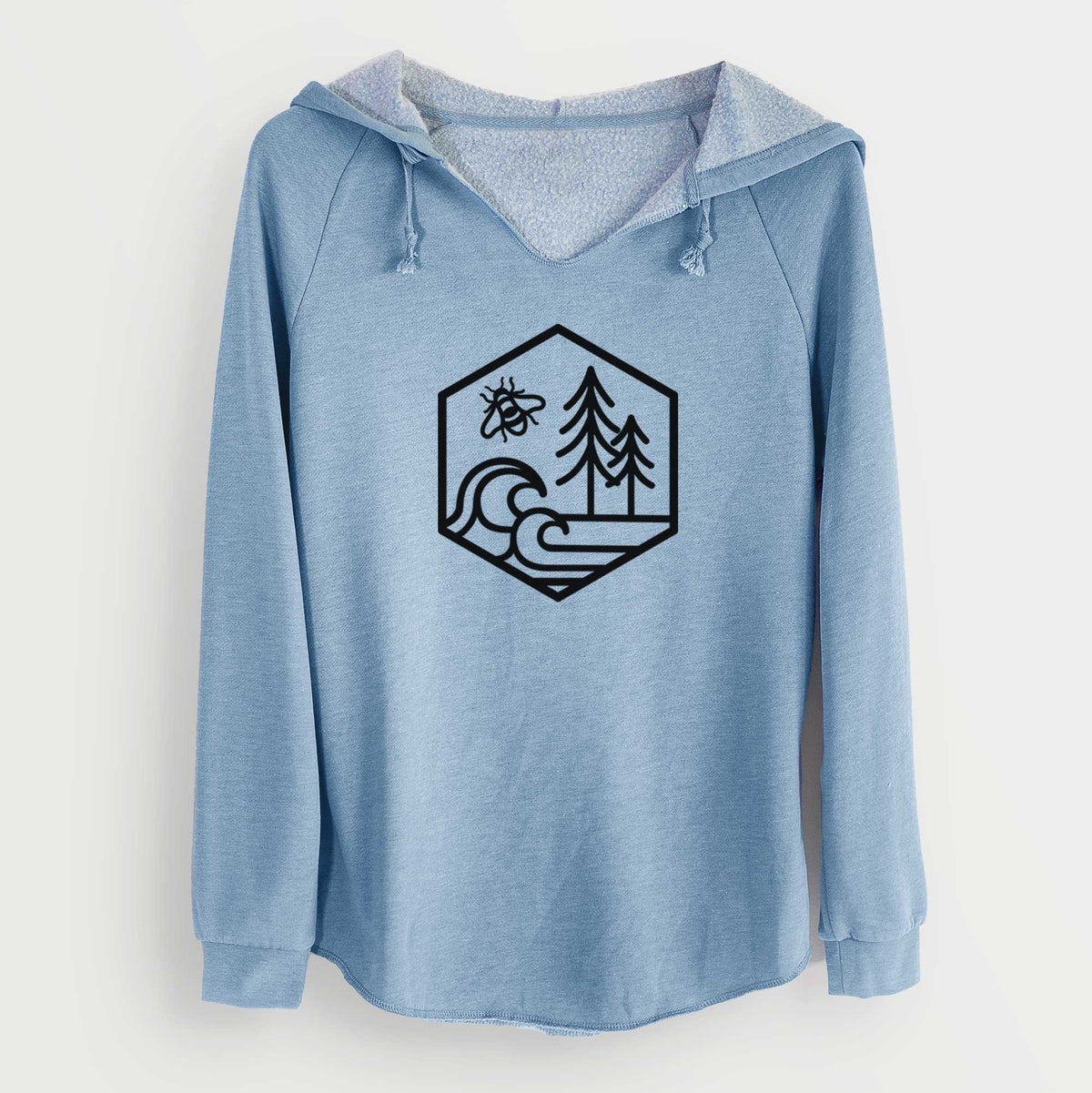 Misty blue women's Cali Wave hooded sweatshirt laid flat, printed with a black line art hexagon holding a bee, ocean waves and pine trees.