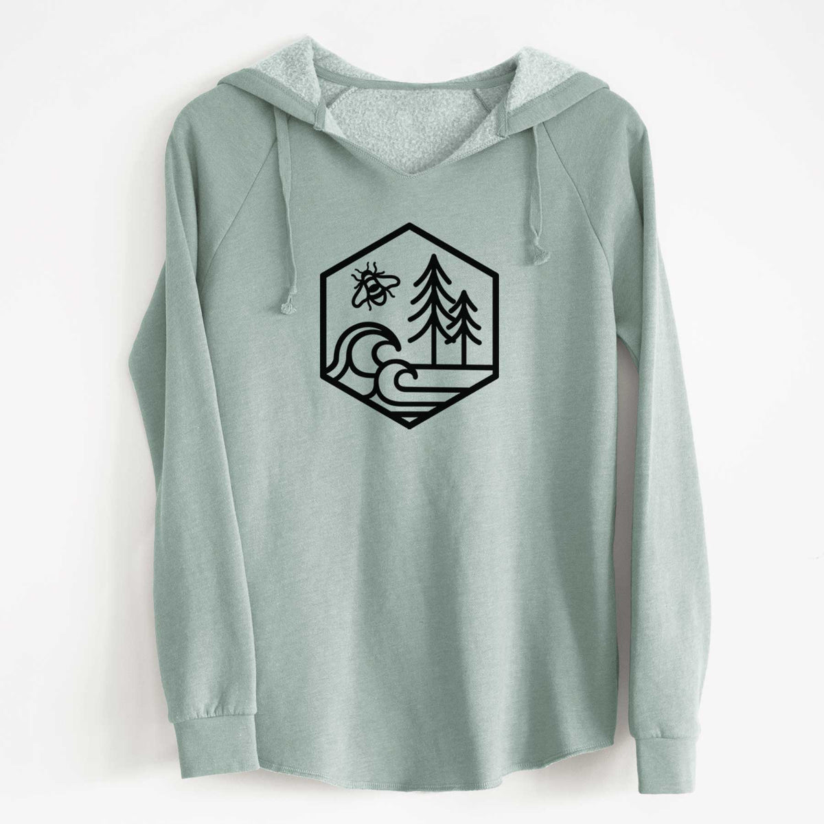 Sage green women's Cali Wave hooded sweatshirt laid flat, printed with a black line art hexagon holding a bee, ocean waves and pine trees.