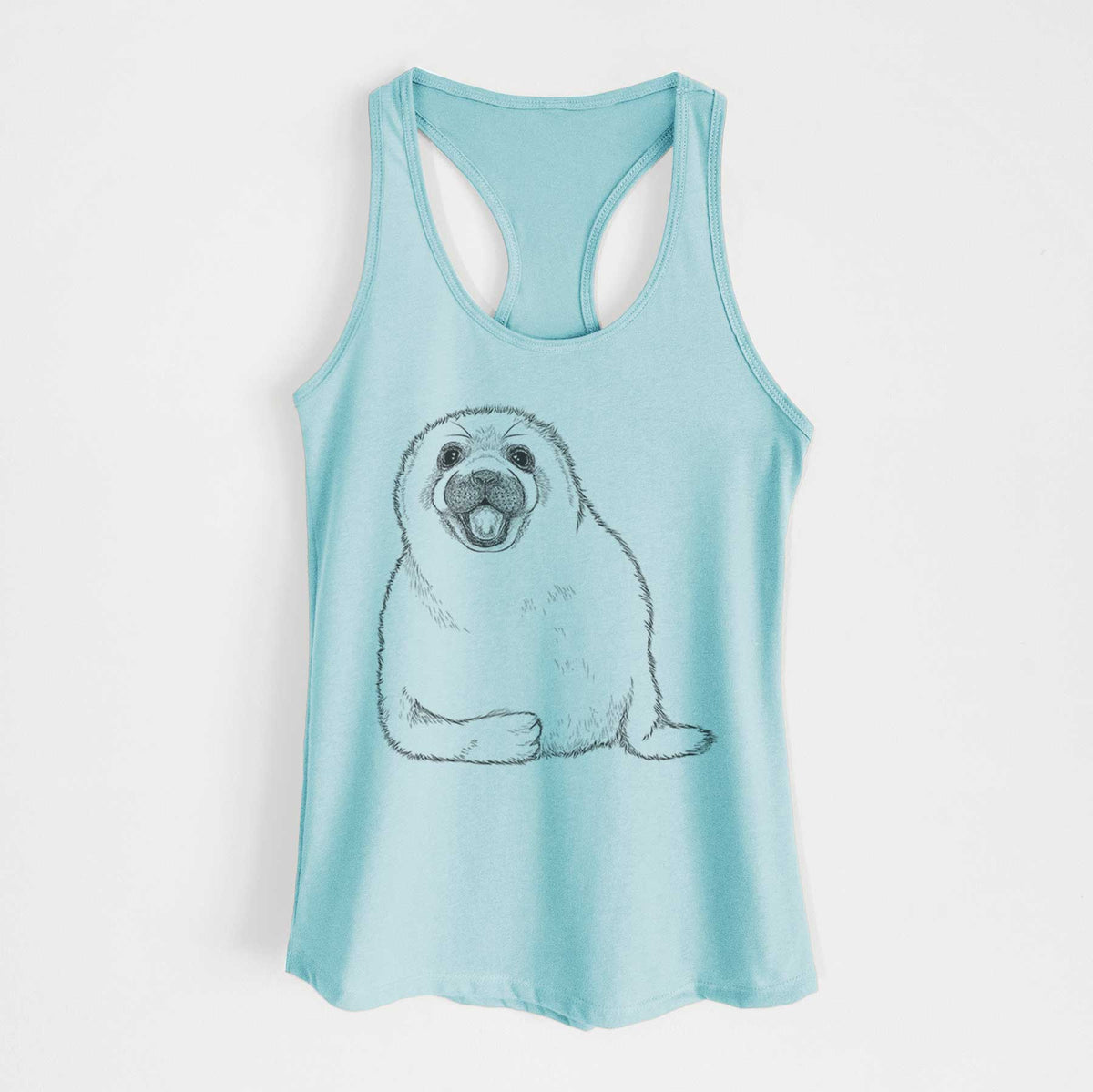 Cancun blue women's racerback tank top laid flat, printed with a black ink illustration of a smiling harp seal pup lying down.