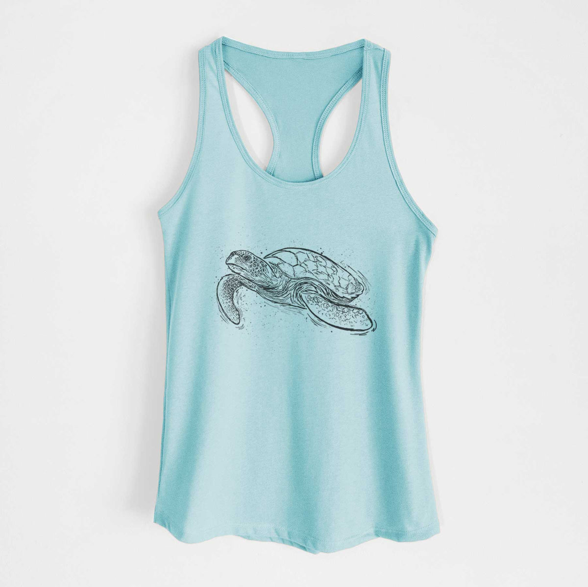 Cancun blue women's racerback tank top laid flat, printed with a black ink illustration of a hawksbill sea turtle swimming, with a patterned shell.