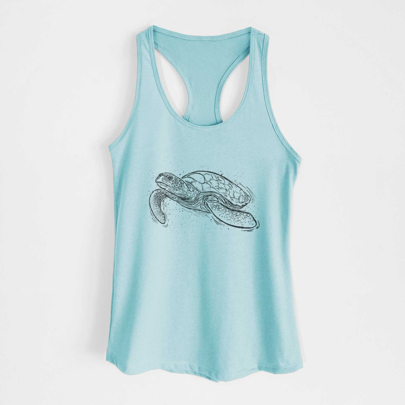 Banana cream women's racerback tank top laid flat, printed with a black ink illustration of a hawksbill sea turtle swimming, with a patterned shell.