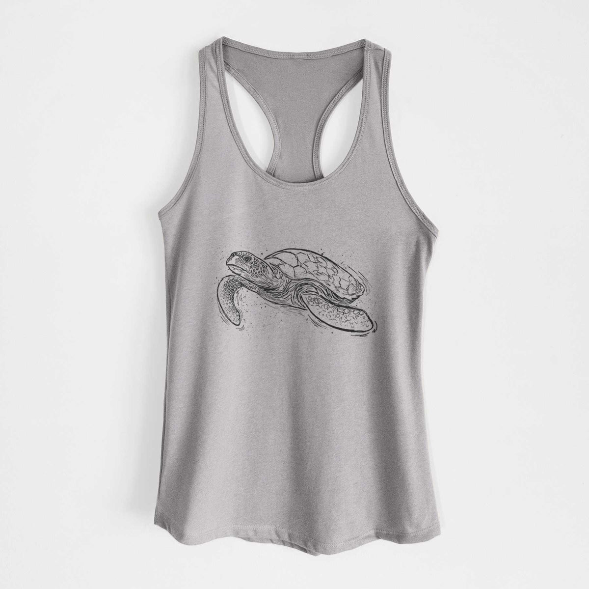 Heather grey women's racerback tank top laid flat, printed with a black ink illustration of a hawksbill sea turtle swimming, with a patterned shell.