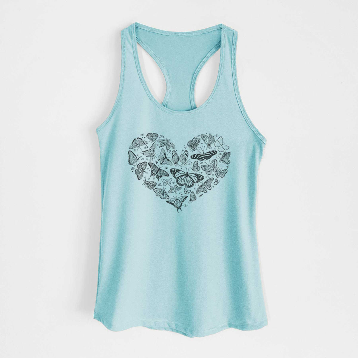 Cancun blue women's racerback tank top laid flat, printed with a heart shape filled with small black ink butterflies and moths.