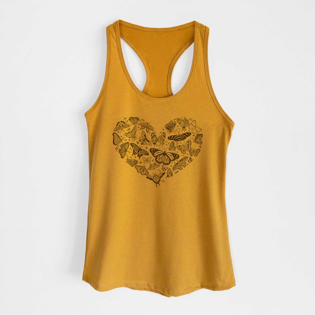 Gold women's racerback tank top laid flat, printed with a heart shape filled with small black ink butterflies and moths.