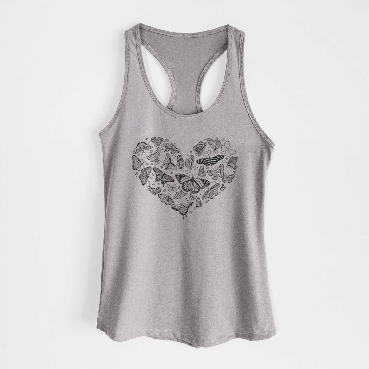 Heather grey women's racerback tank top laid flat, printed with a heart shape filled with small black ink butterflies and moths.