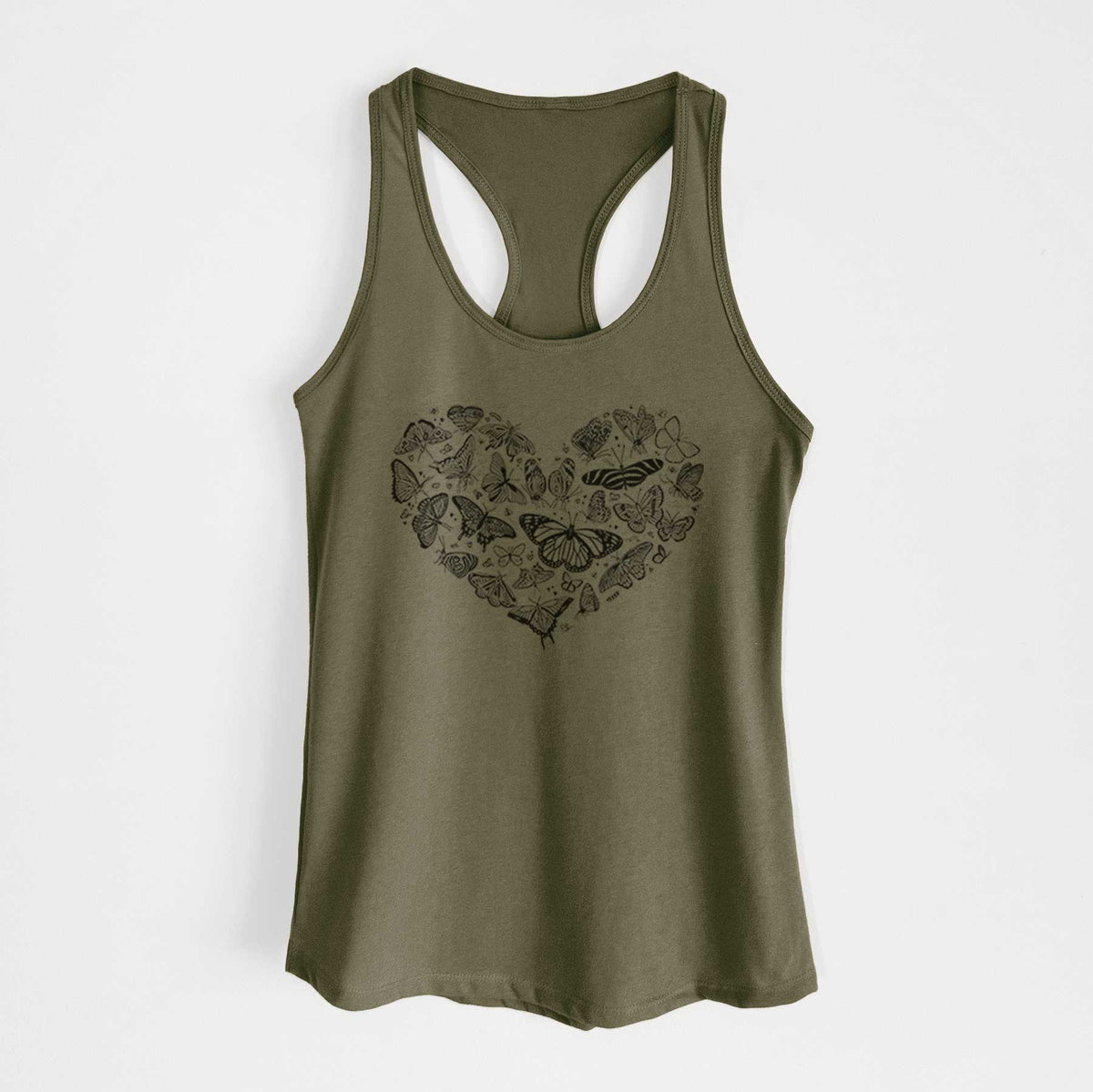 Military green women's racerback tank top laid flat, printed with a heart shape filled with small black ink butterflies and moths.
