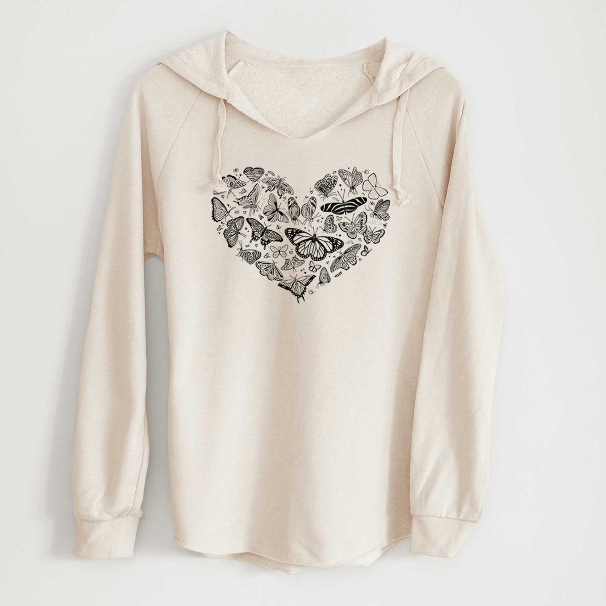Bone cream women's Cali Wave hooded sweatshirt laid flat, printed with a heart shape filled with small black ink butterflies and moths.