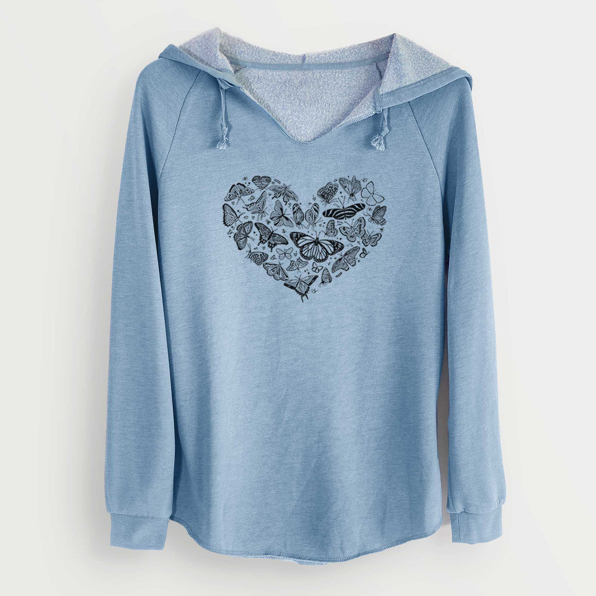 Misty blue women's Cali Wave hooded sweatshirt laid flat, printed with a heart shape filled with small black ink butterflies and moths.