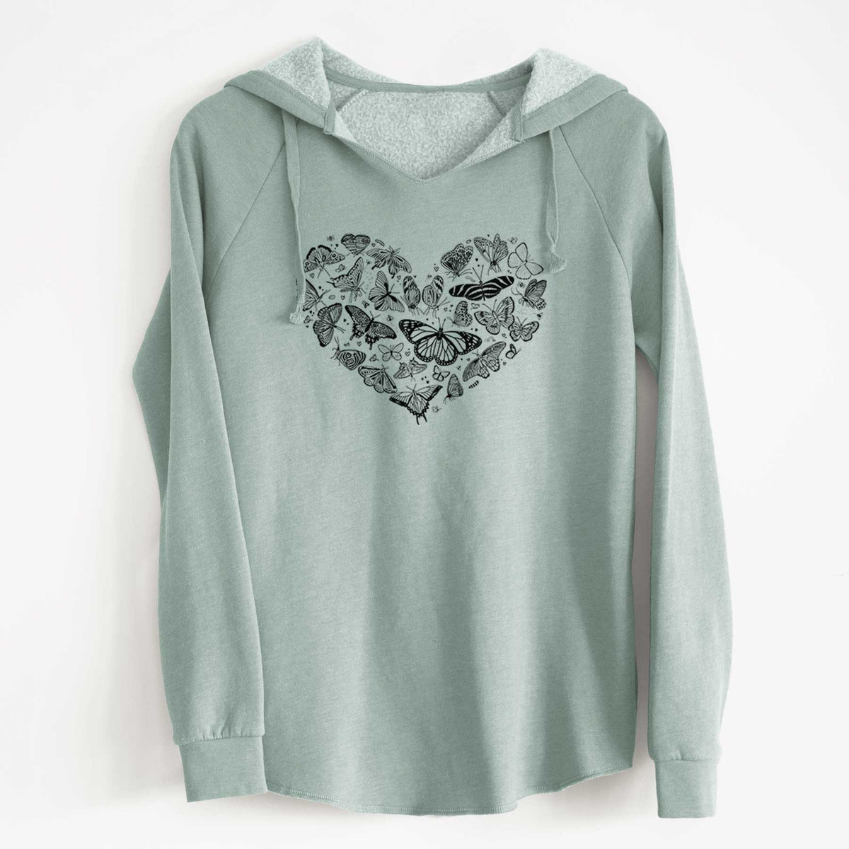 Sage green women's Cali Wave hooded sweatshirt laid flat, printed with a heart shape filled with small black ink butterflies and moths.
