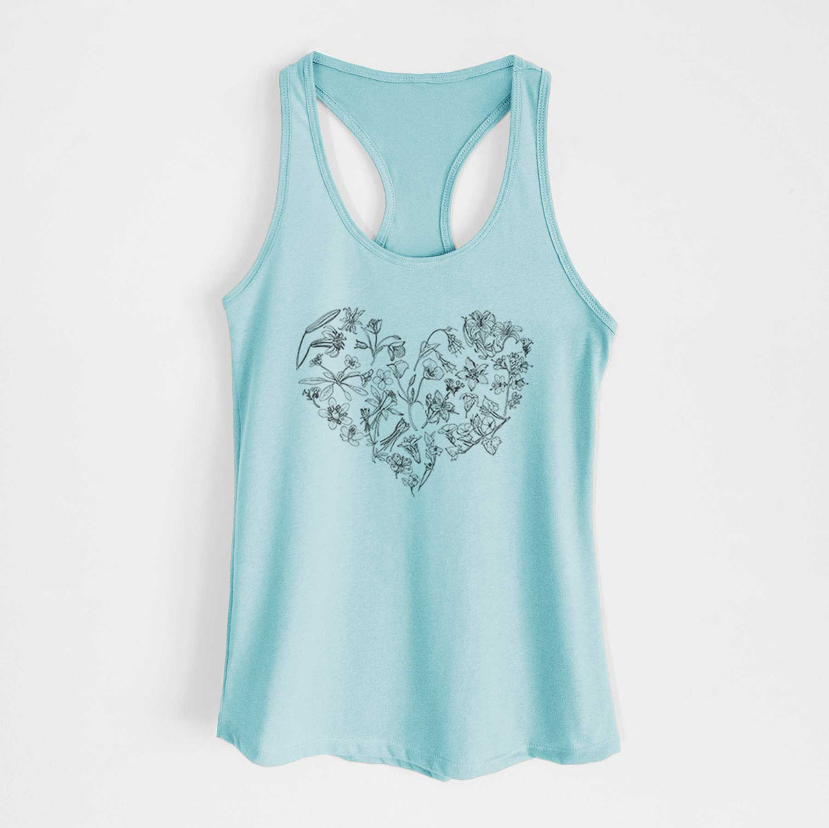 Cancun blue women's racerback tank top laid flat, printed with a heart shape filled with black ink California mountain wildflowers.