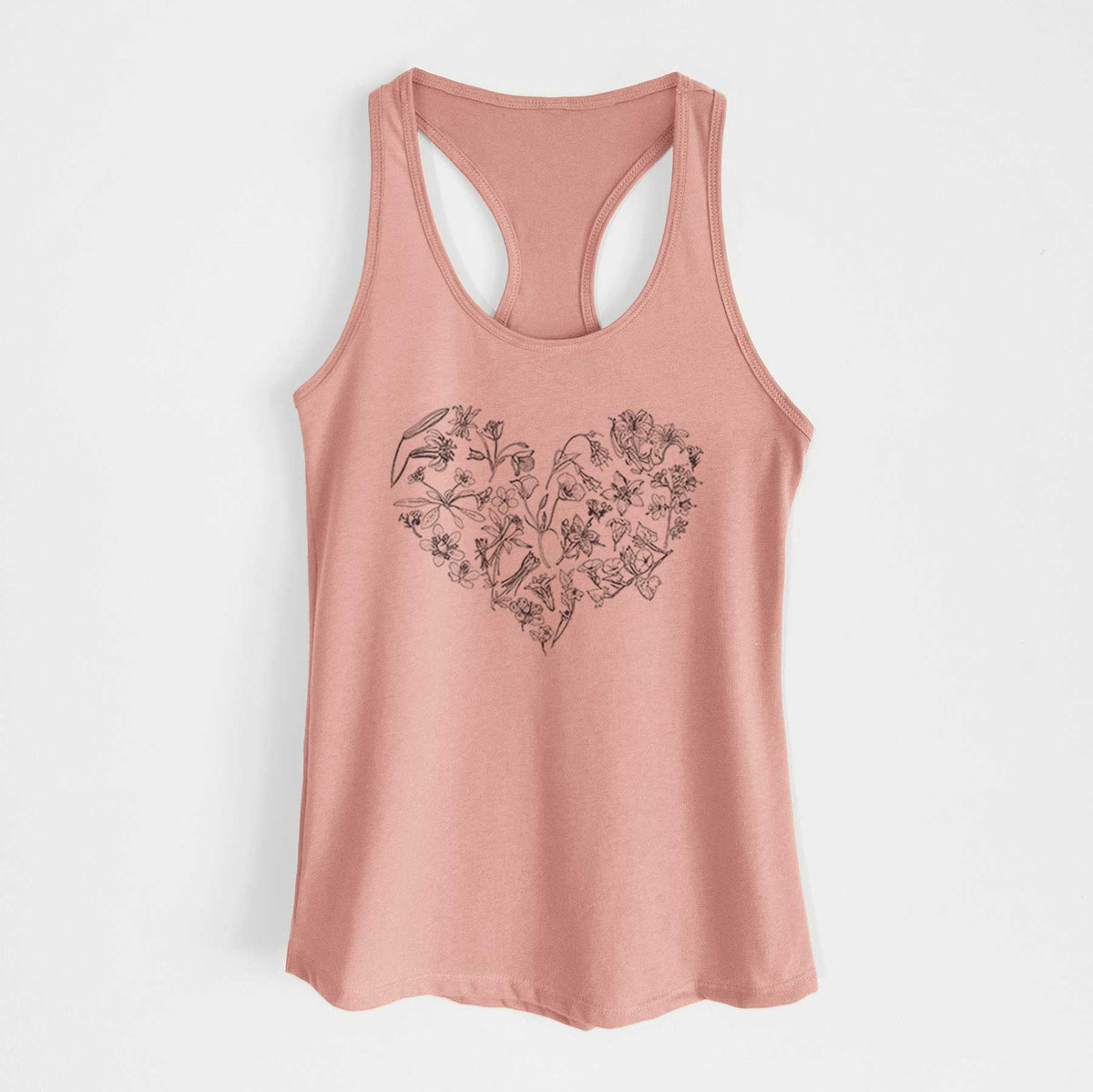 Desert pink women's racerback tank top laid flat, printed with a heart shape filled with black ink California mountain wildflowers.