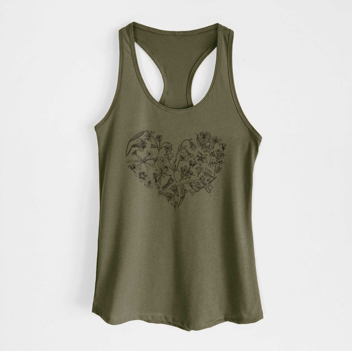 Military green women's racerback tank top laid flat, printed with a heart shape filled with black ink California mountain wildflowers.