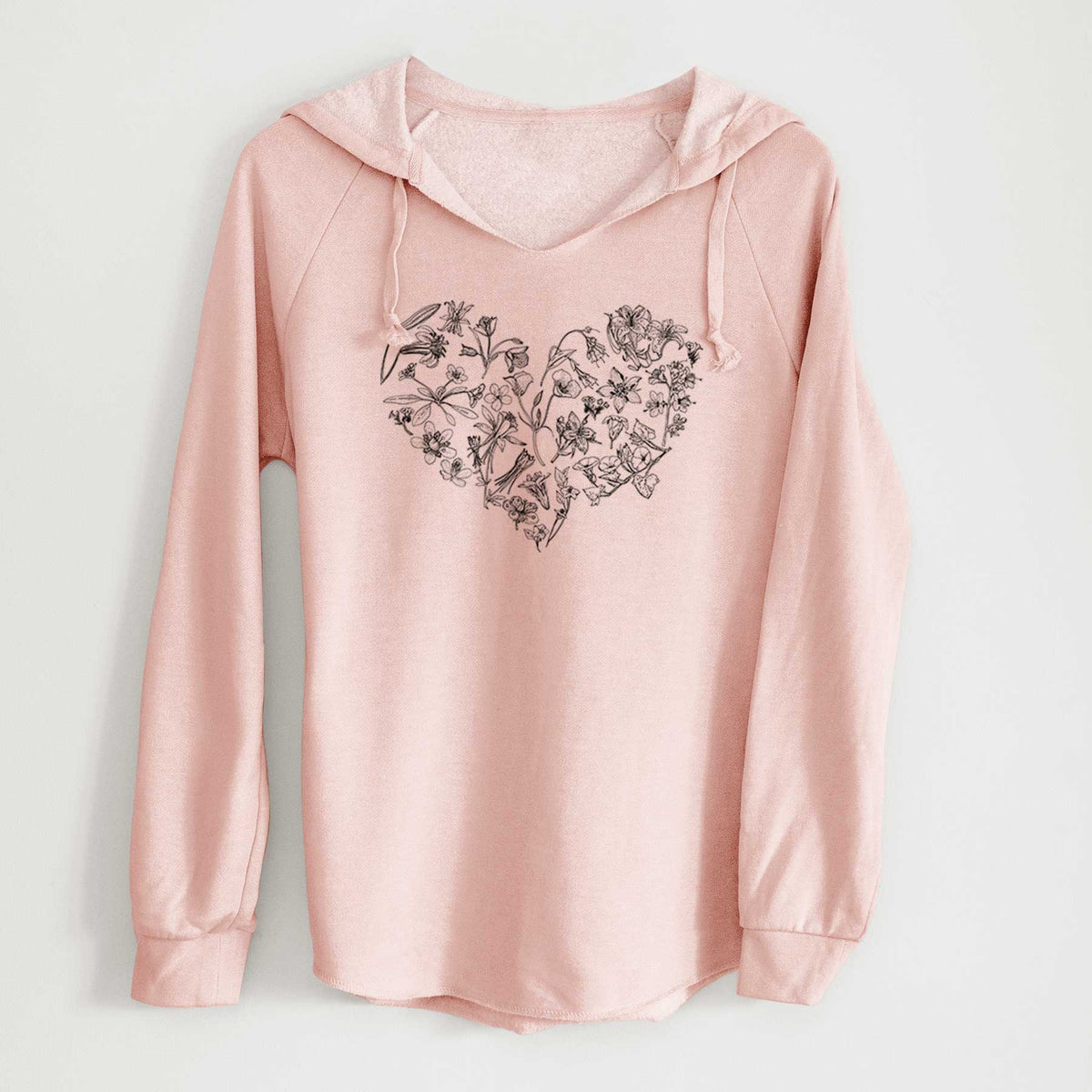 Blush pink women's Cali Wave hooded sweatshirt laid flat, printed with a heart shape filled with black ink California mountain wildflowers.