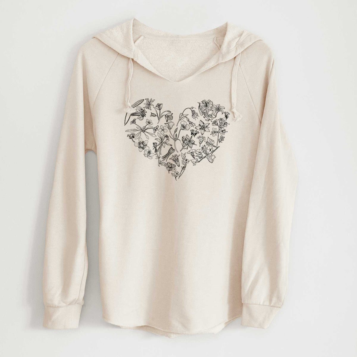 Bone cream women's Cali Wave hooded sweatshirt laid flat, printed with a heart shape filled with black ink California mountain wildflowers.