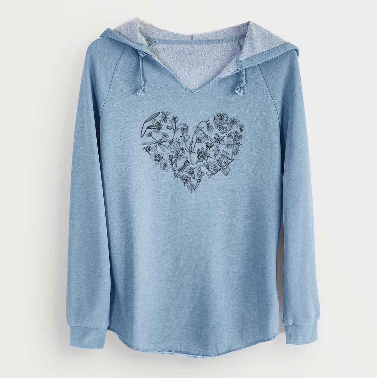 Misty blue women's Cali Wave hooded sweatshirt laid flat, printed with a heart shape filled with black ink California mountain wildflowers.