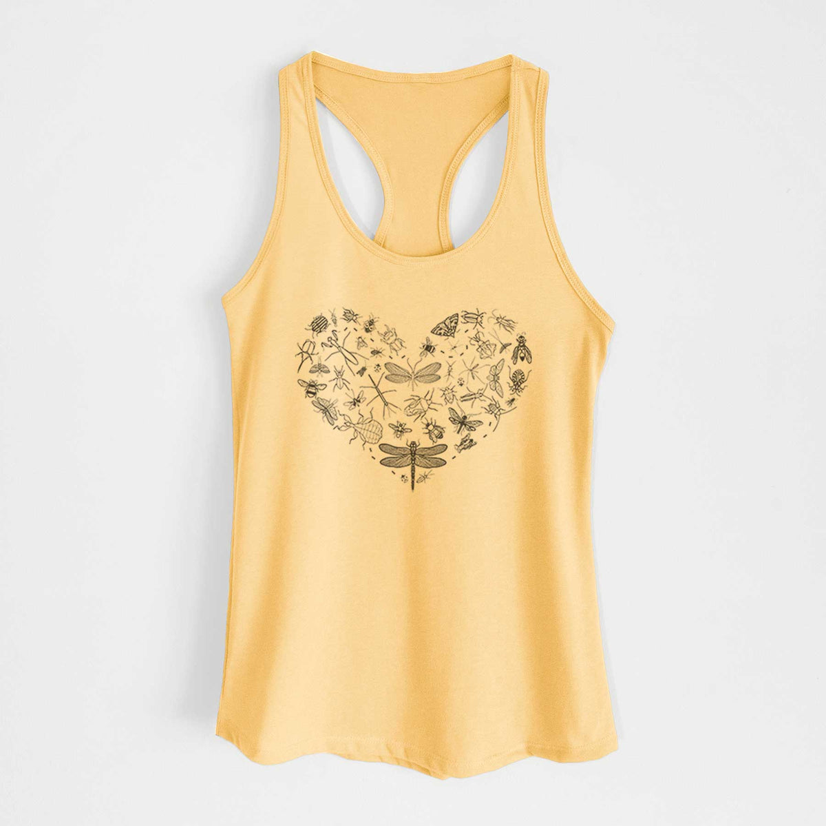 Banana cream women's racerback tank top laid flat, printed with a heart shape filled with small black ink insects, including dragonflies, beetles and bees.
