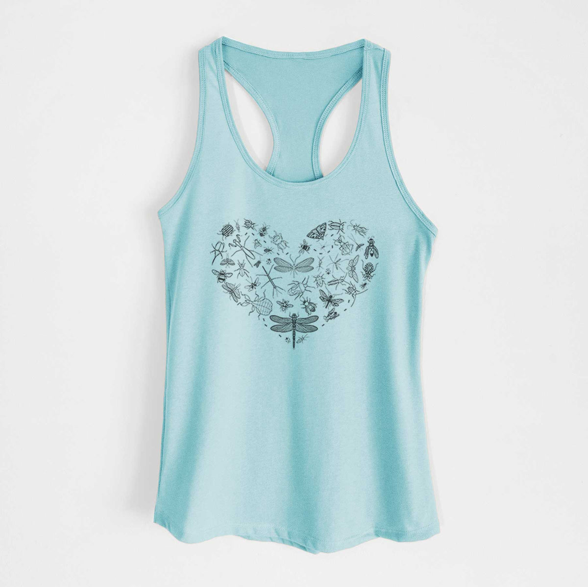Cancun blue women's racerback tank top laid flat, printed with a heart shape filled with small black ink insects, including dragonflies, beetles and bees.