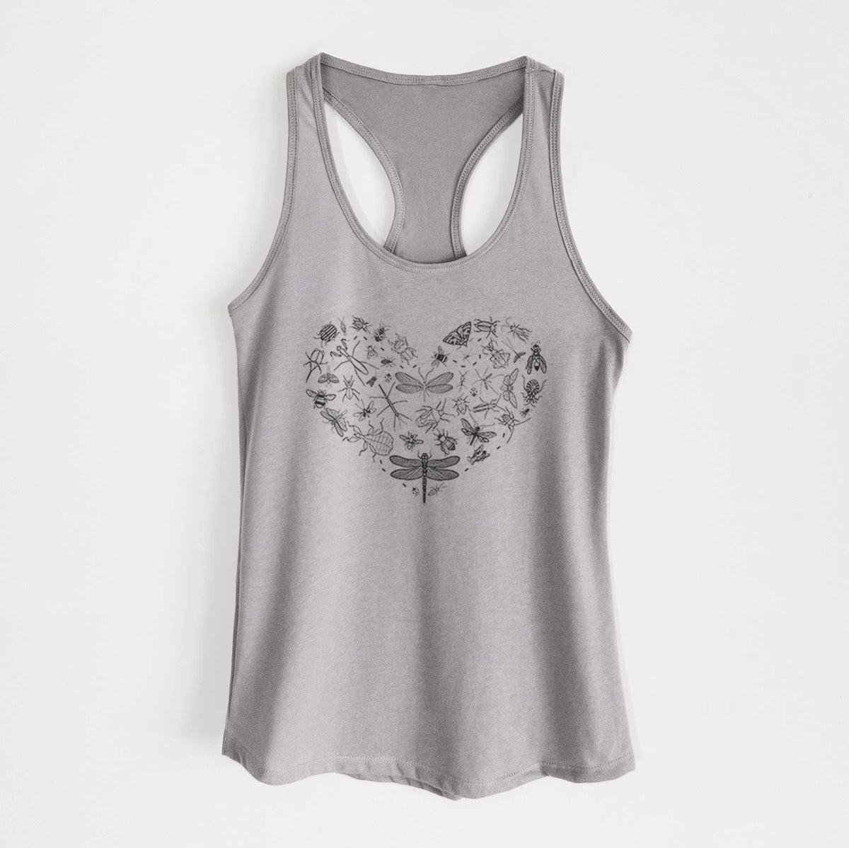 Heather grey women's racerback tank top laid flat, printed with a heart shape filled with small black ink insects, including dragonflies, beetles and bees.