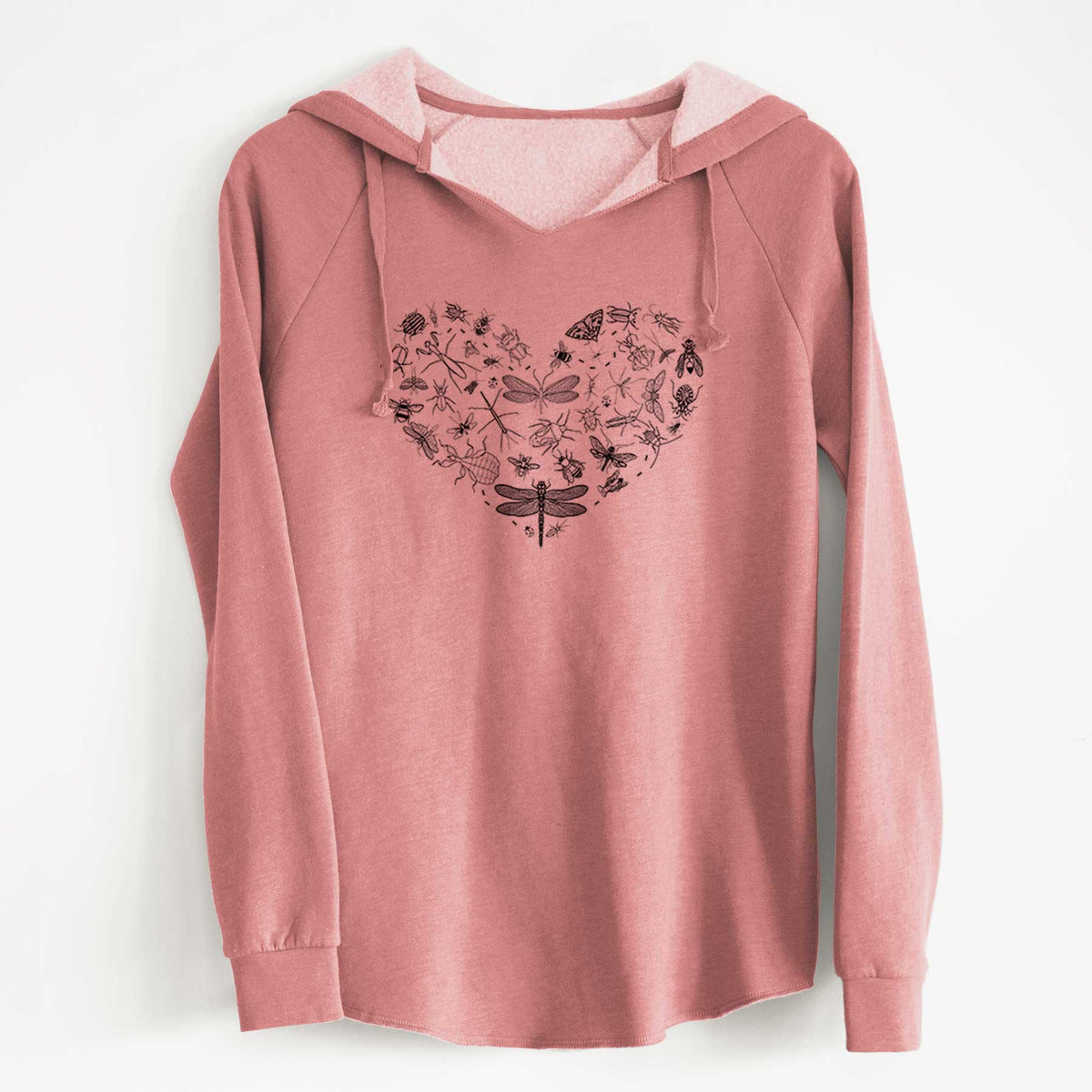 Dusty rose women's Cali Wave hooded sweatshirt laid flat, printed with a heart shape filled with small black ink insects, including dragonflies, beetles and bees.