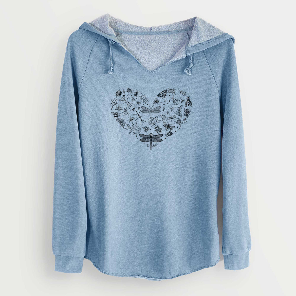 Misty blue women's Cali Wave hooded sweatshirt laid flat, printed with a heart shape filled with small black ink insects, including dragonflies, beetles and bees.