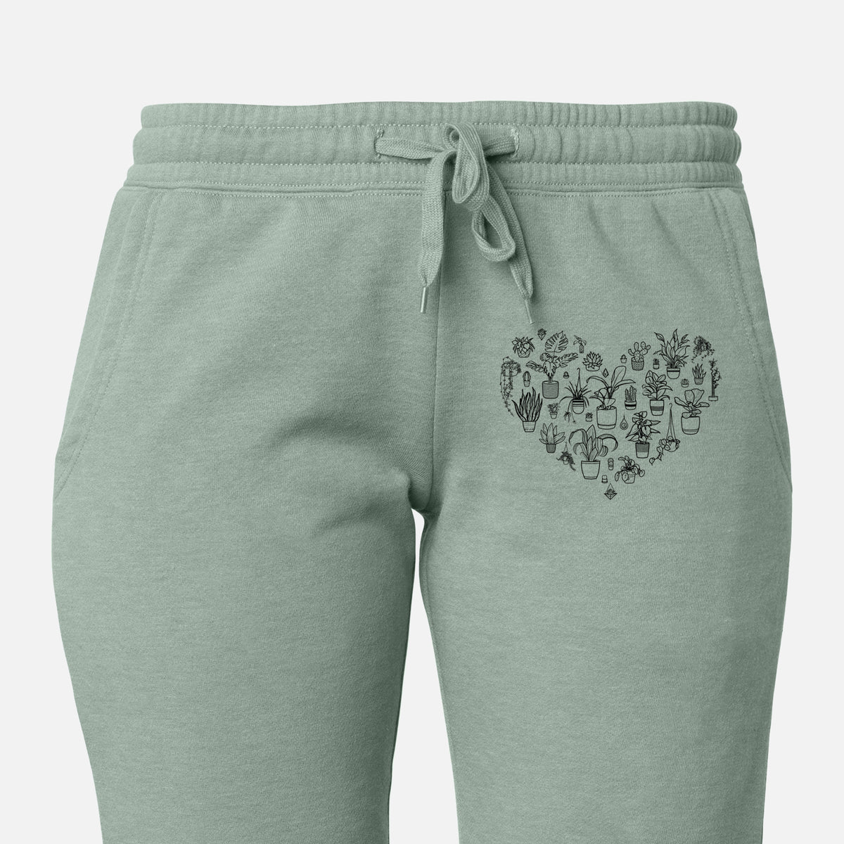 Front of sage green Cali Wave sweatpants, printed with a heart shape filled with black ink potted houseplants on the leg.
