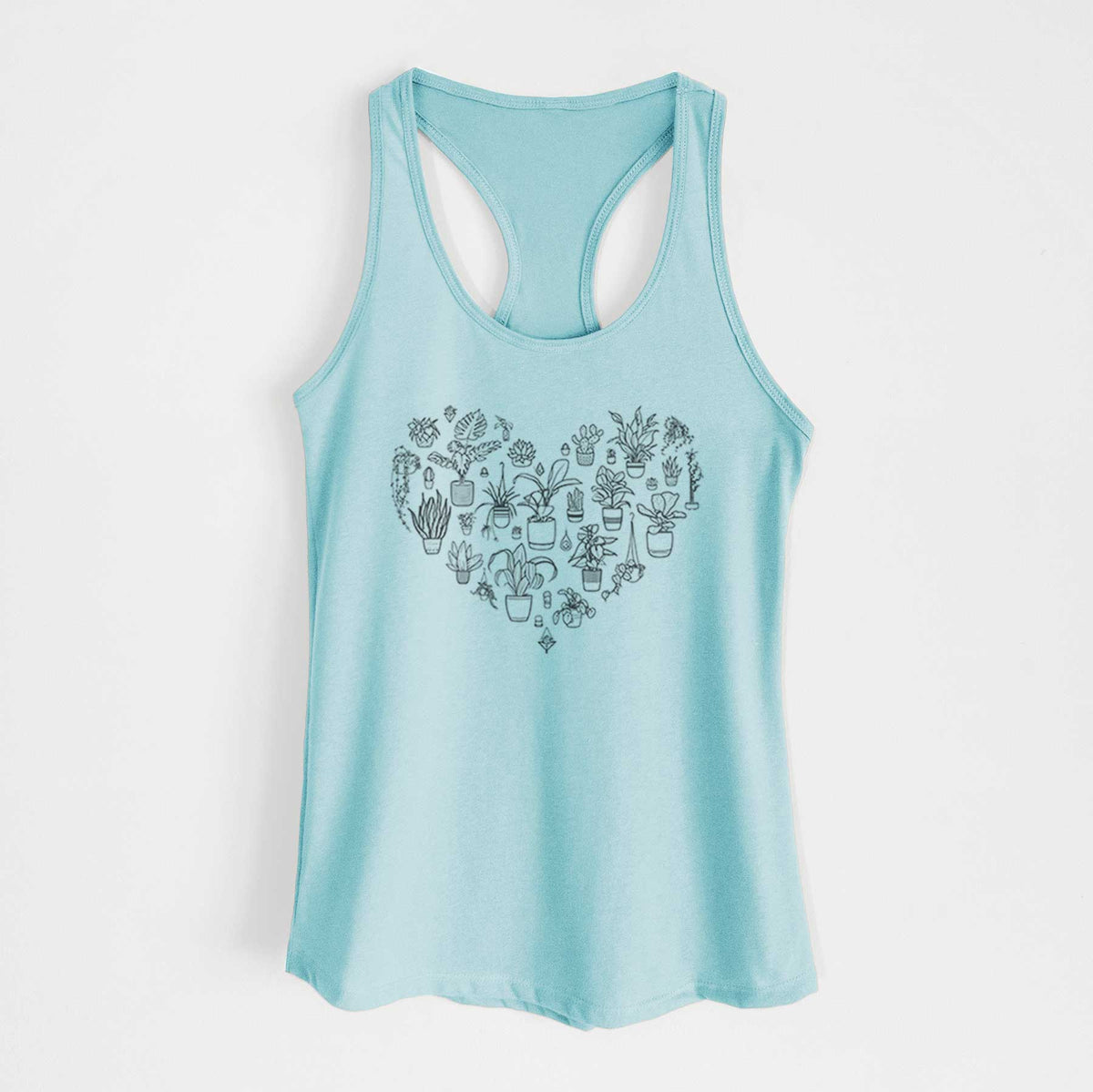 Cancun blue women's racerback tank top laid flat, printed with a heart shape filled with black ink potted houseplants.